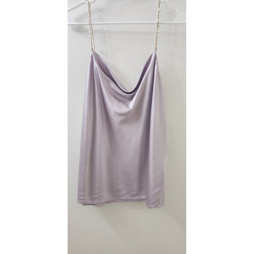 CAMI NYC Lavender Satin Cowl Neck Cami Top Pearl Chain Straps Purple Large